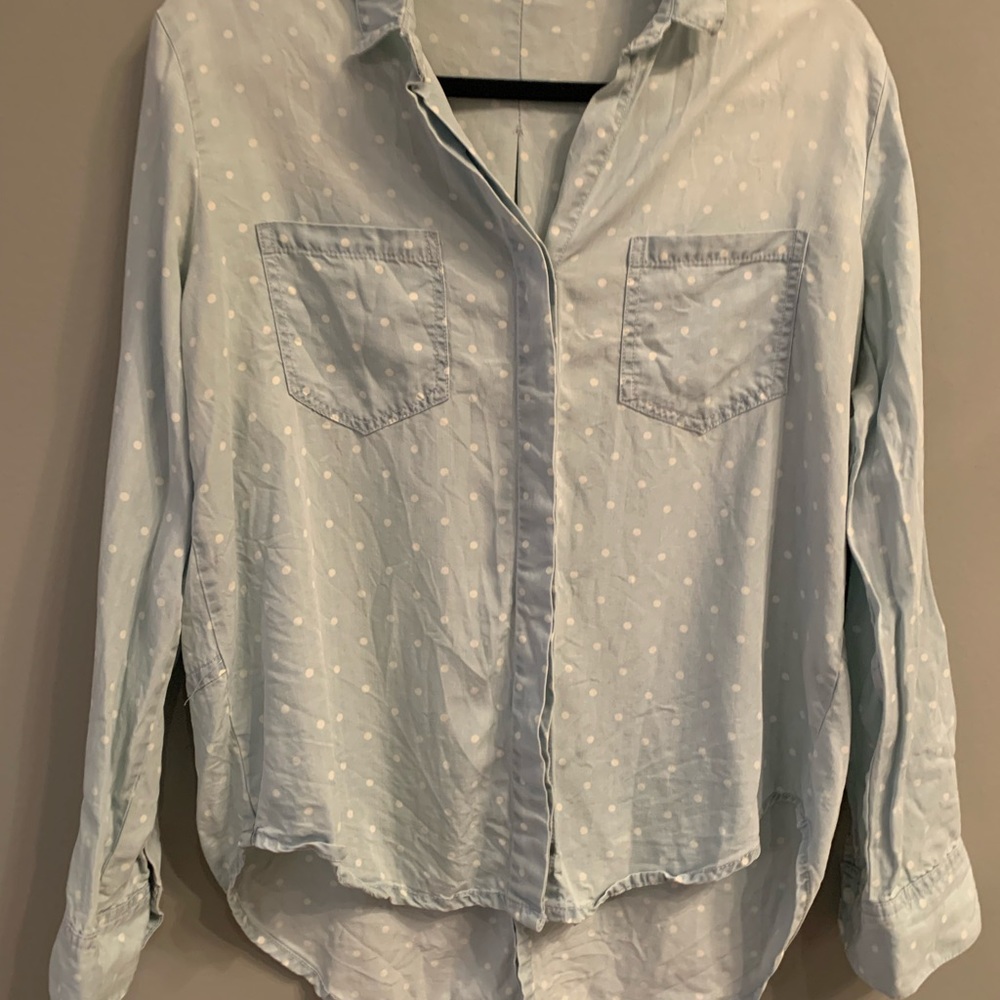 Chambray Button Down Shirt With Polka Dots In Gre… - image 2
